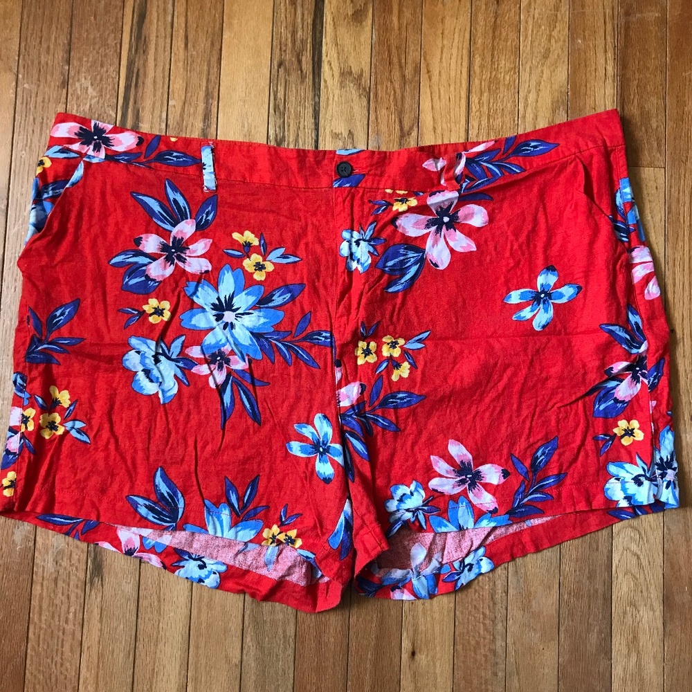 OLD NAVY Red Linen Shorts with Blue Flowers